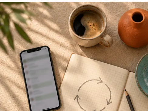 Bureau met notitieboek waarin een lus is geschetst, een telefoon met een chat, koffie en een terracotta vaas
